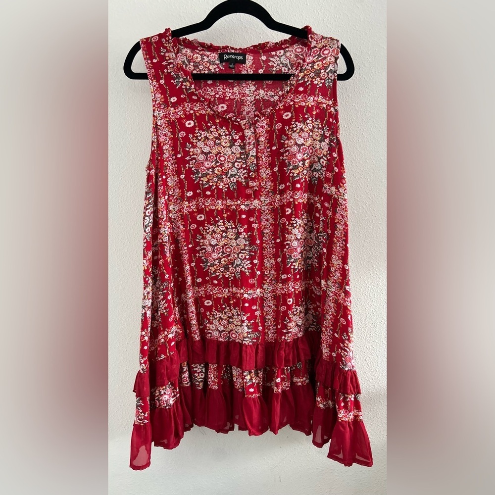 Raindrops Red Floral Sleeveless Mini Dress with Ruffle Hem Size Large